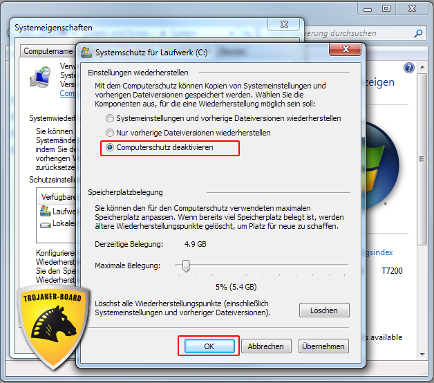 Systemwiederherstellung deaktivieren: Computerschutz deaktivieren