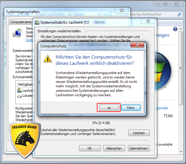 Systemwiederherstellung deaktivieren: Bestätigen
