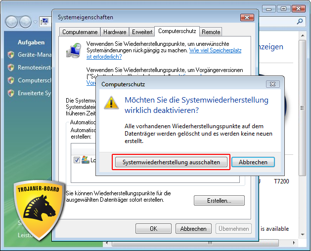 Systemwiederherstellung deaktivieren: Deaktivierung bestätigen