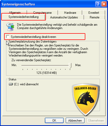 Systemwiederherstellung deaktivieren: Systemwiederherstellung